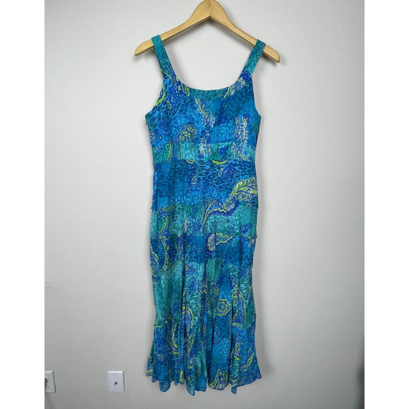 Jones New York Maxi Dress 10 Blue Green Paisley Y2K Babydoll Sleeveless - Picture 4 of 8